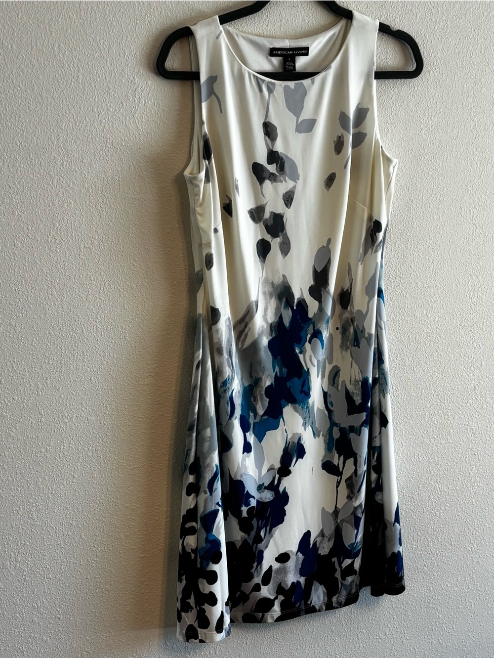 American Living Women's Cream Dress with Blue and Gray Abstract Brushprint SZ 6